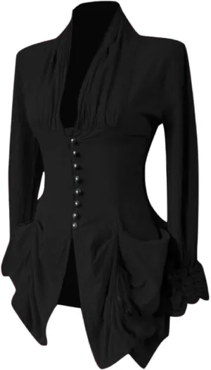 Womens Medieval Shirt Low Cut Retro Lace Trim Victorian Shirts Steampunk Gothic Irregular Hem Corset Outerwear Tops