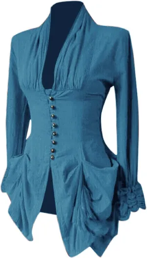 Womens Medieval Shirt Low Cut Retro Lace Trim Victorian Shirts Steampunk Gothic Irregular Hem Corset Outerwear Tops