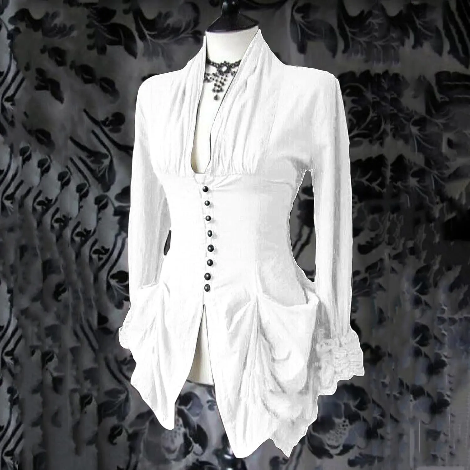 Womens Medieval Shirt Low Cut Retro Lace Trim Victorian Shirts Steampunk Gothic Irregular Hem Corset Outerwear Tops