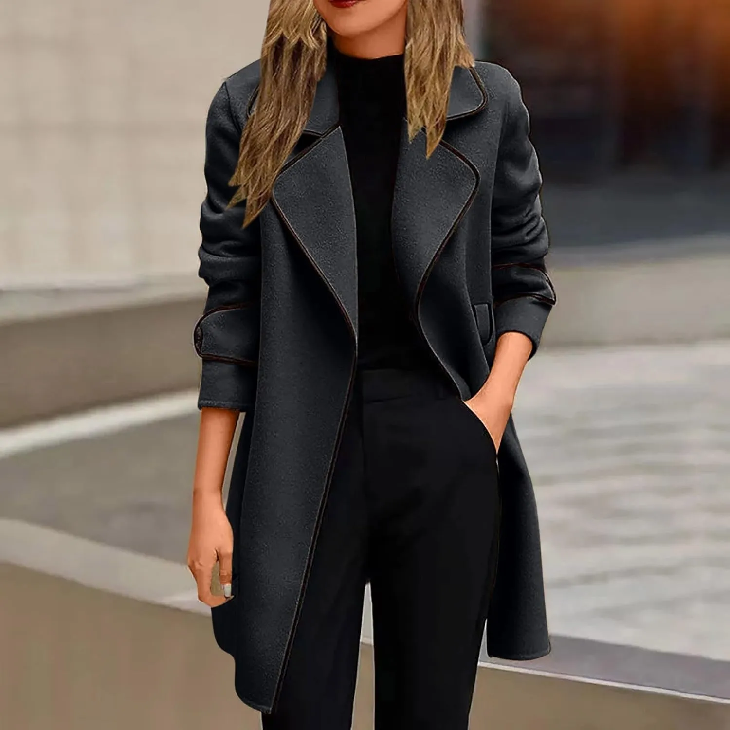 Womens Pea Coat Plus Size Notch Lapel Wool Trench Coats Casual Open Front Overcoat 2024 Fall Winter Outerwear