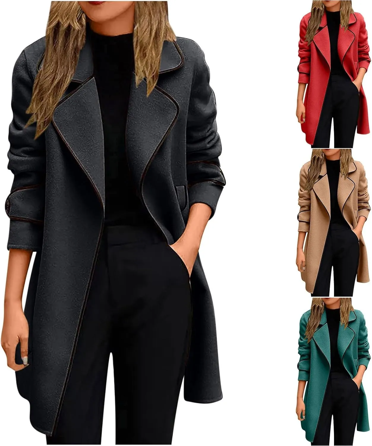 Womens Pea Coat Plus Size Notch Lapel Wool Trench Coats Casual Open Front Overcoat 2024 Fall Winter Outerwear