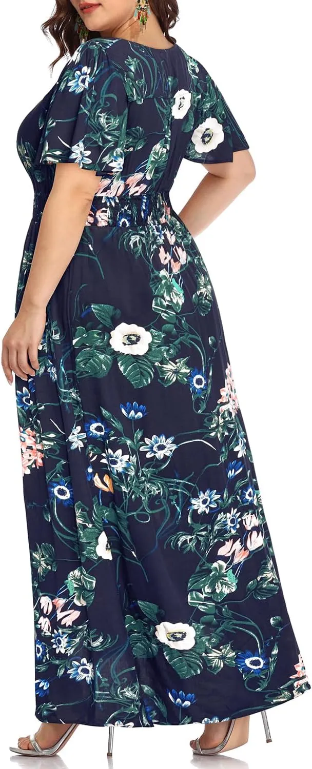 Women's Plus Size Floral Print Button Up Short Sleeve Split Flowy Beach Party Maxi Dress