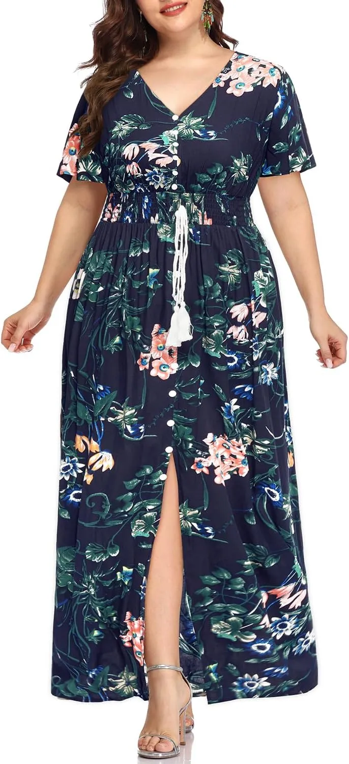 Women's Plus Size Floral Print Button Up Short Sleeve Split Flowy Beach Party Maxi Dress