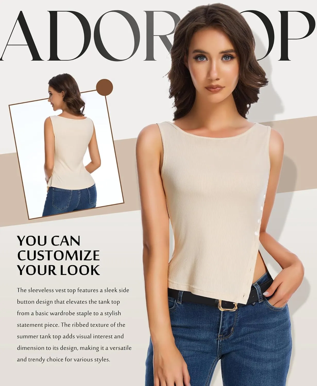 Womens Ribbed Tank Tops - 2025 Summer Sleeveless Vest Crew Neck Side Button Asymmetrical Casual Basic Shirts