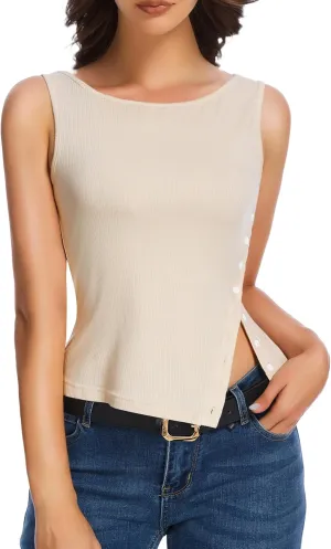 Womens Ribbed Tank Tops - 2025 Summer Sleeveless Vest Crew Neck Side Button Asymmetrical Casual Basic Shirts