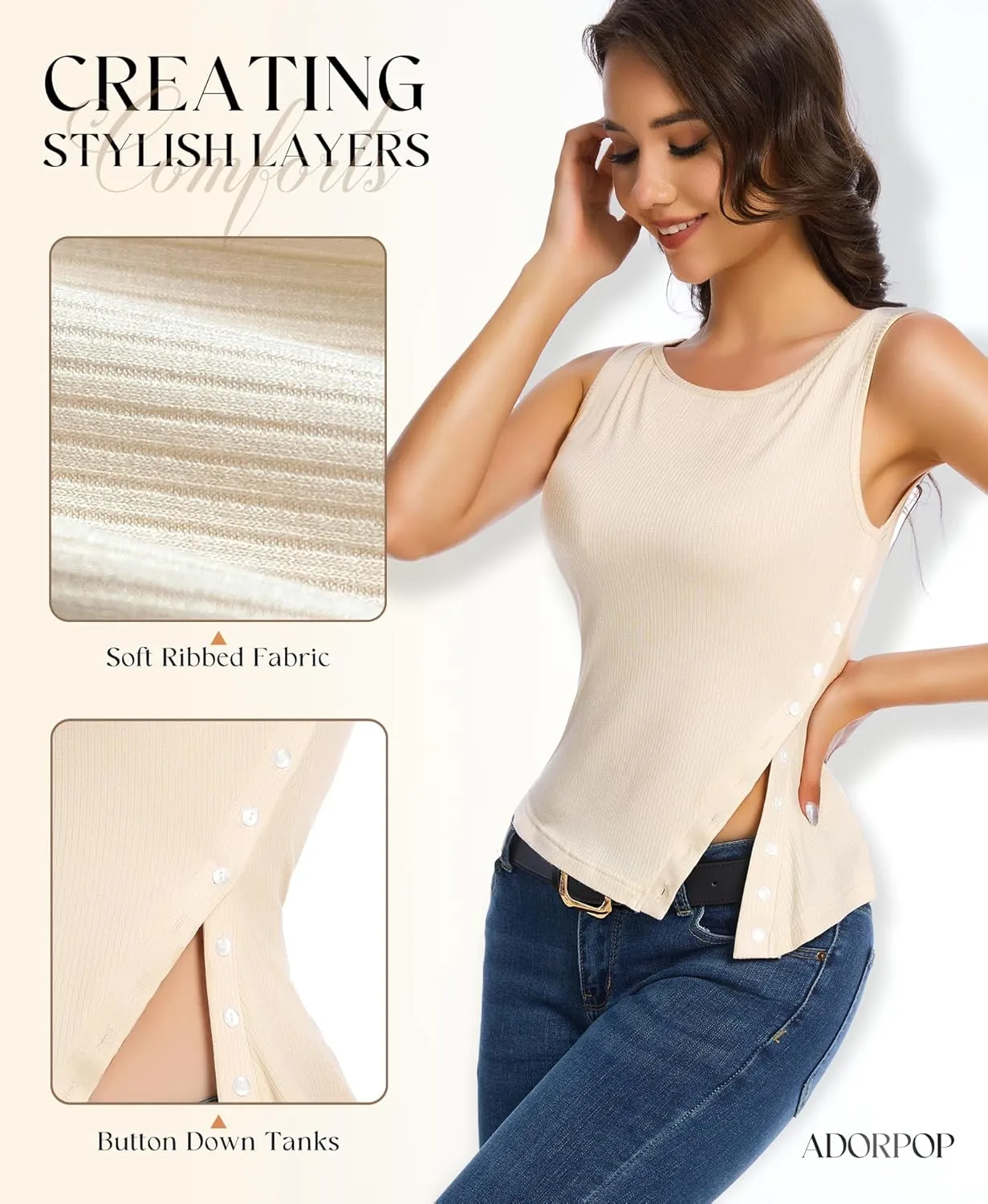 Womens Ribbed Tank Tops - 2025 Summer Sleeveless Vest Crew Neck Side Button Asymmetrical Casual Basic Shirts
