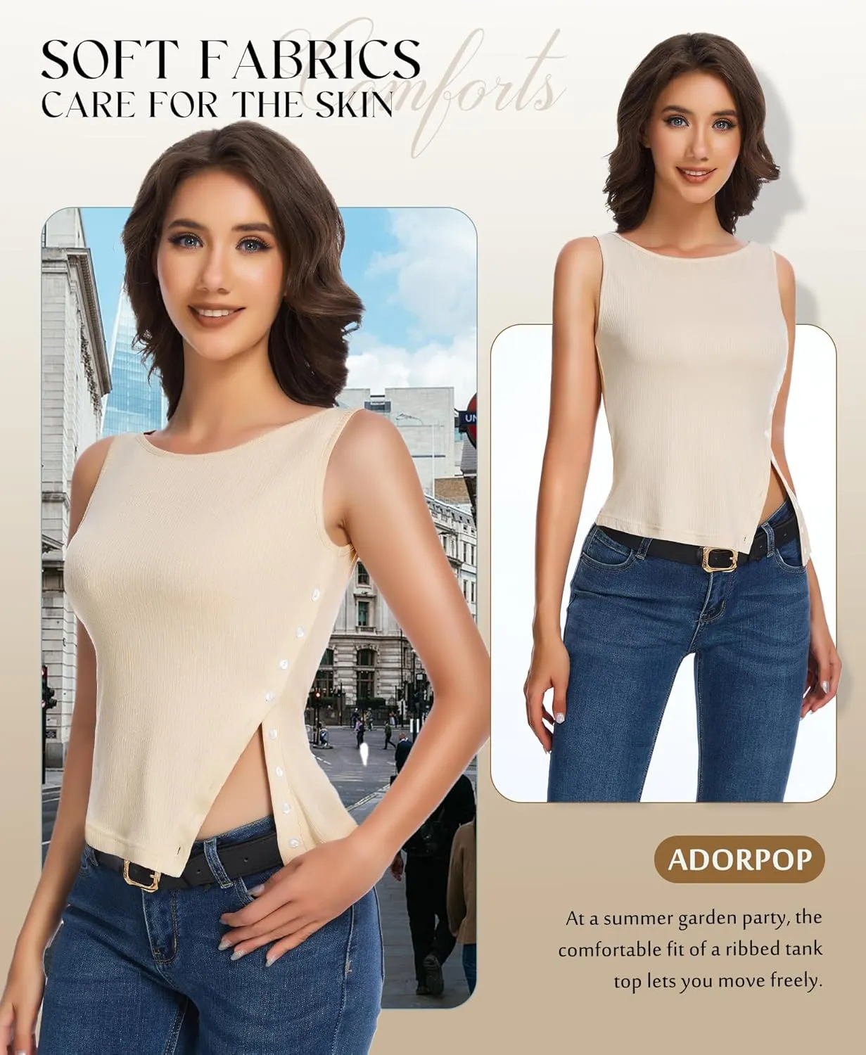 Womens Ribbed Tank Tops - 2025 Summer Sleeveless Vest Crew Neck Side Button Asymmetrical Casual Basic Shirts