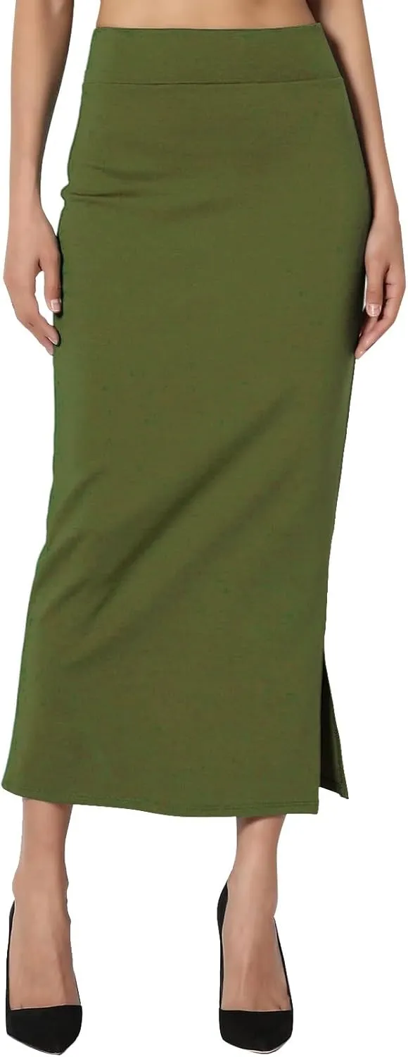 Women's S~3X Side Slit Ponte Knit High Waist Mid Calf Long Pencil Skirt Sweatshirt Skirt