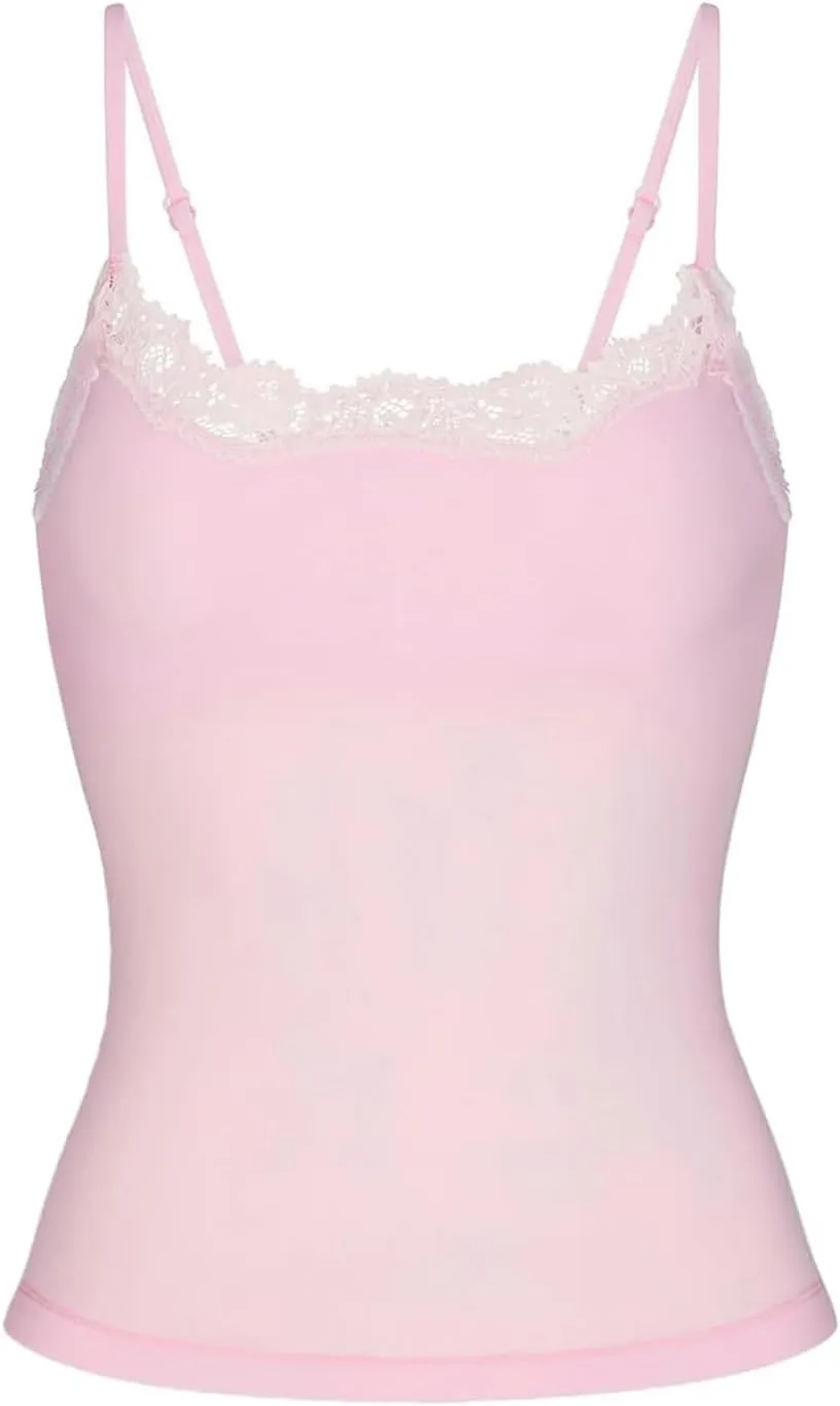 Women's Sexy Square Neck Lace Trim Cami Tank Tops Fitted Sleeveless Crop Spaghetti Strap Summer Y2k Tops