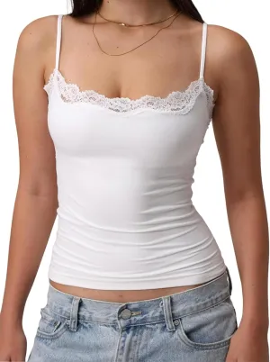 Women's Sexy Square Neck Lace Trim Cami Tank Tops Fitted Sleeveless Crop Spaghetti Strap Summer Y2k Tops