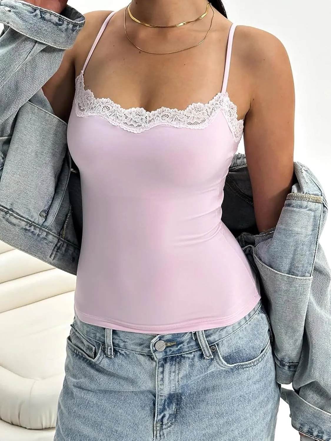 Women's Sexy Square Neck Lace Trim Cami Tank Tops Fitted Sleeveless Crop Spaghetti Strap Summer Y2k Tops