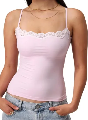 Women's Sexy Square Neck Lace Trim Cami Tank Tops Fitted Sleeveless Crop Spaghetti Strap Summer Y2k Tops