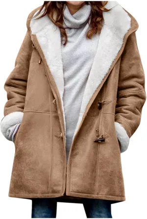 Womens Sherpa Lined Jackets Fashion Winter Fuzzy Fleece Hoodie Sweatshirt Casual Soft Cozy Horn Button Down Coats