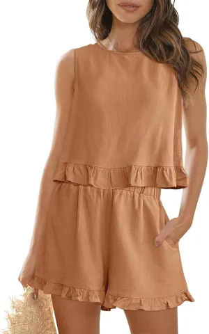 Women's Shorts Sets 2 Piece Outfits for Summer Sleeveless High Neck Ruffle Crop Tops and High Waisted Shorts Pockets