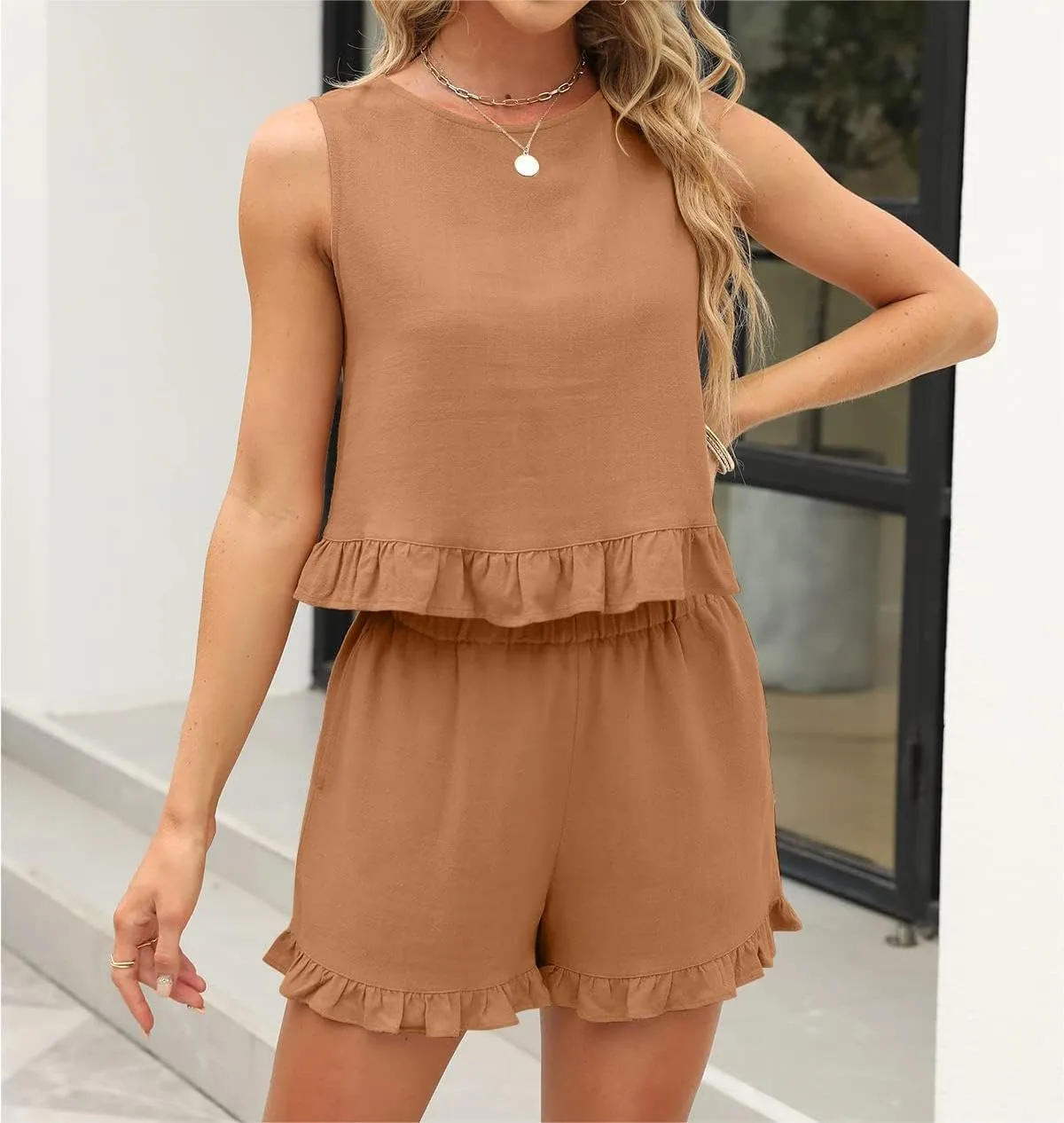 Women's Shorts Sets 2 Piece Outfits for Summer Sleeveless High Neck Ruffle Crop Tops and High Waisted Shorts Pockets