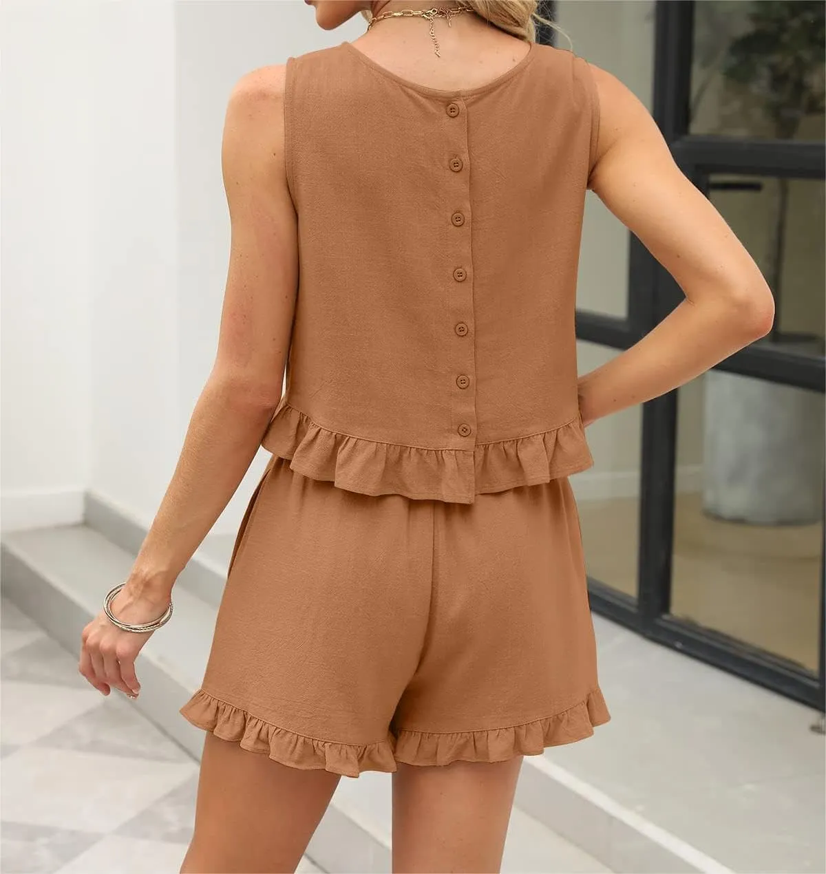 Women's Shorts Sets 2 Piece Outfits for Summer Sleeveless High Neck Ruffle Crop Tops and High Waisted Shorts Pockets