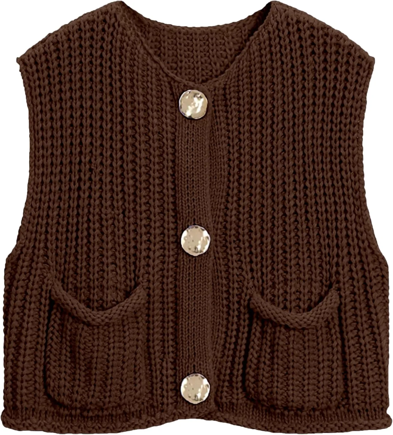 Women's Sleeveless Chunky Knit Top Casual Cropped Button Down Sweater Vest Open Front Cardigan with Pockets