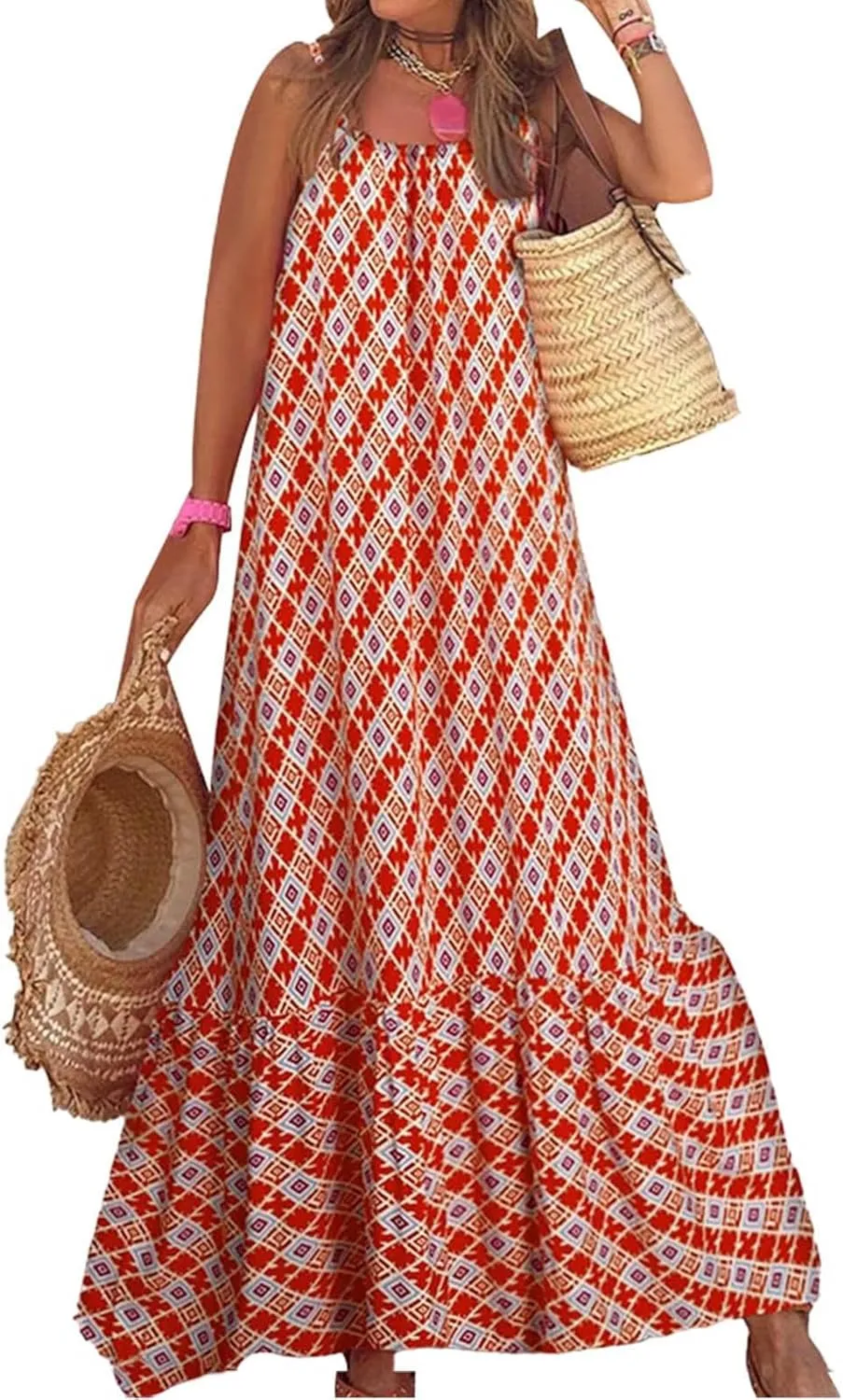 Women's Summer Casual Boho Floral Sundress Spaghetti Strap Flowy Midi Dresses A Line Beach Wedding Guest Dress