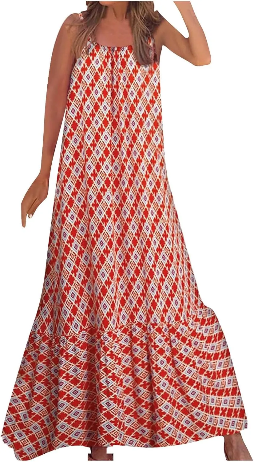 Women's Summer Casual Boho Floral Sundress Spaghetti Strap Flowy Midi Dresses A Line Beach Wedding Guest Dress