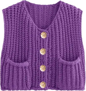 Womens Summer Crop Knit Sweater Vest Sleeveless Button Down Chunky Knit Vest Cardigan with Pockets