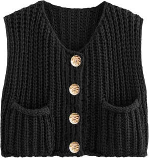 Womens Summer Crop Knit Sweater Vest Sleeveless Button Down Chunky Knit Vest Cardigan with Pockets