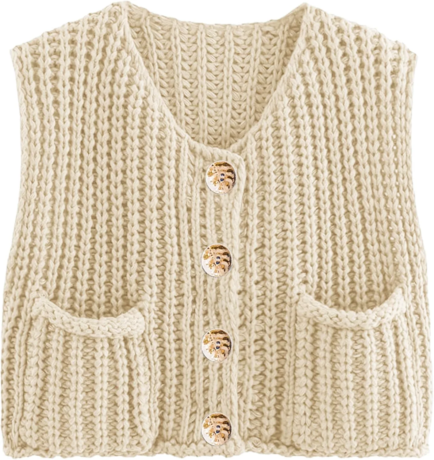 Womens Summer Crop Knit Sweater Vest Sleeveless Button Down Chunky Knit Vest Cardigan with Pockets