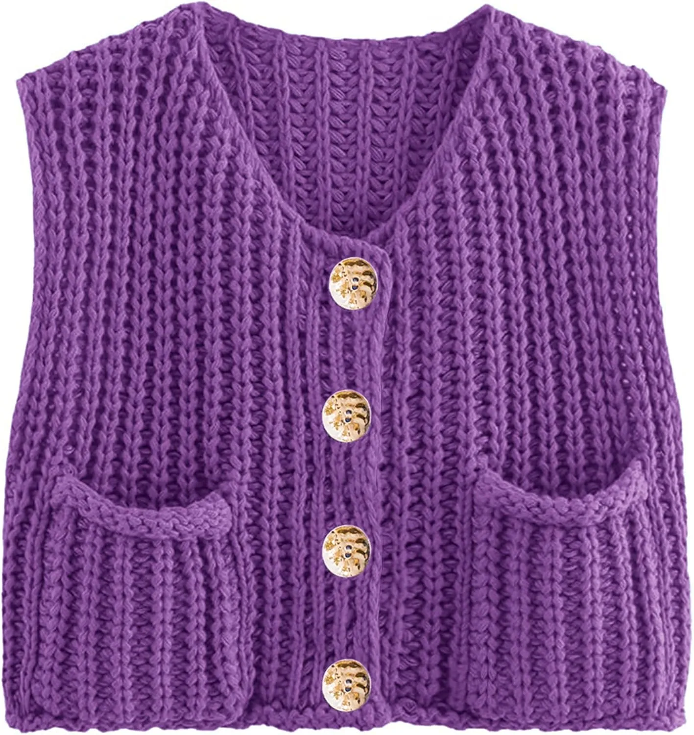 Womens Summer Crop Knit Sweater Vest Sleeveless Button Down Chunky Knit Vest Cardigan with Pockets