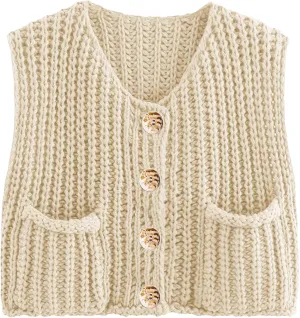 Womens Summer Crop Knit Sweater Vest Sleeveless Button Down Chunky Knit Vest Cardigan with Pockets