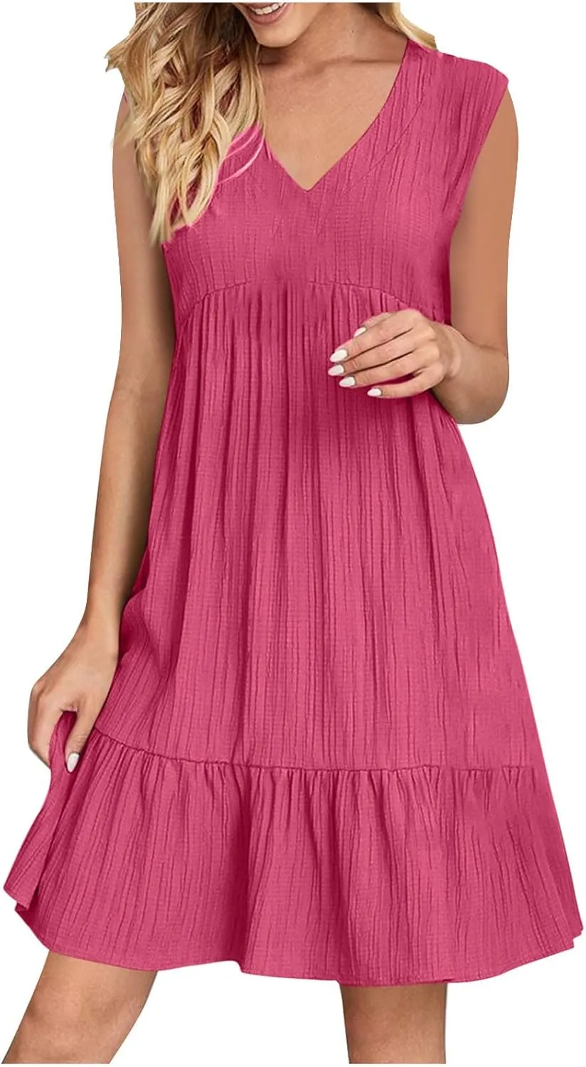 Womens Summer Dress Sleeveless V Neck Mini Dresses Fashion Casual Flowy Boho Ruffle A Line Swing Sundress 2025