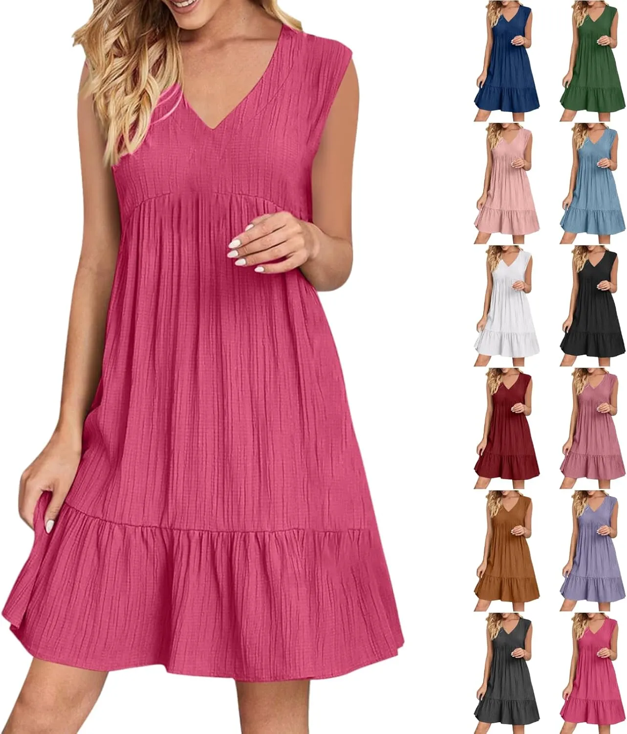 Womens Summer Dress Sleeveless V Neck Mini Dresses Fashion Casual Flowy Boho Ruffle A Line Swing Sundress 2025
