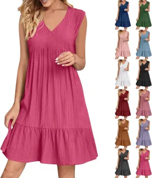 Womens Summer Dress Sleeveless V Neck Mini Dresses Fashion Casual Flowy Boho Ruffle A Line Swing Sundress 2025