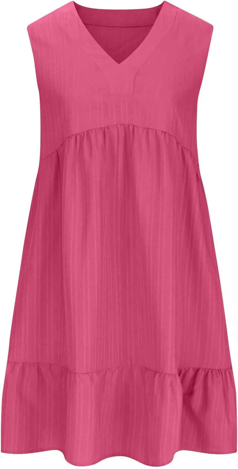 Womens Summer Dress Sleeveless V Neck Mini Dresses Fashion Casual Flowy Boho Ruffle A Line Swing Sundress 2025