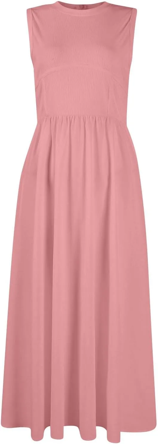 Women's Summer Dresses Sundresses Empire Waist Dresses Tank Dress Sleeveless Wrap Dress Ruched with Pockets