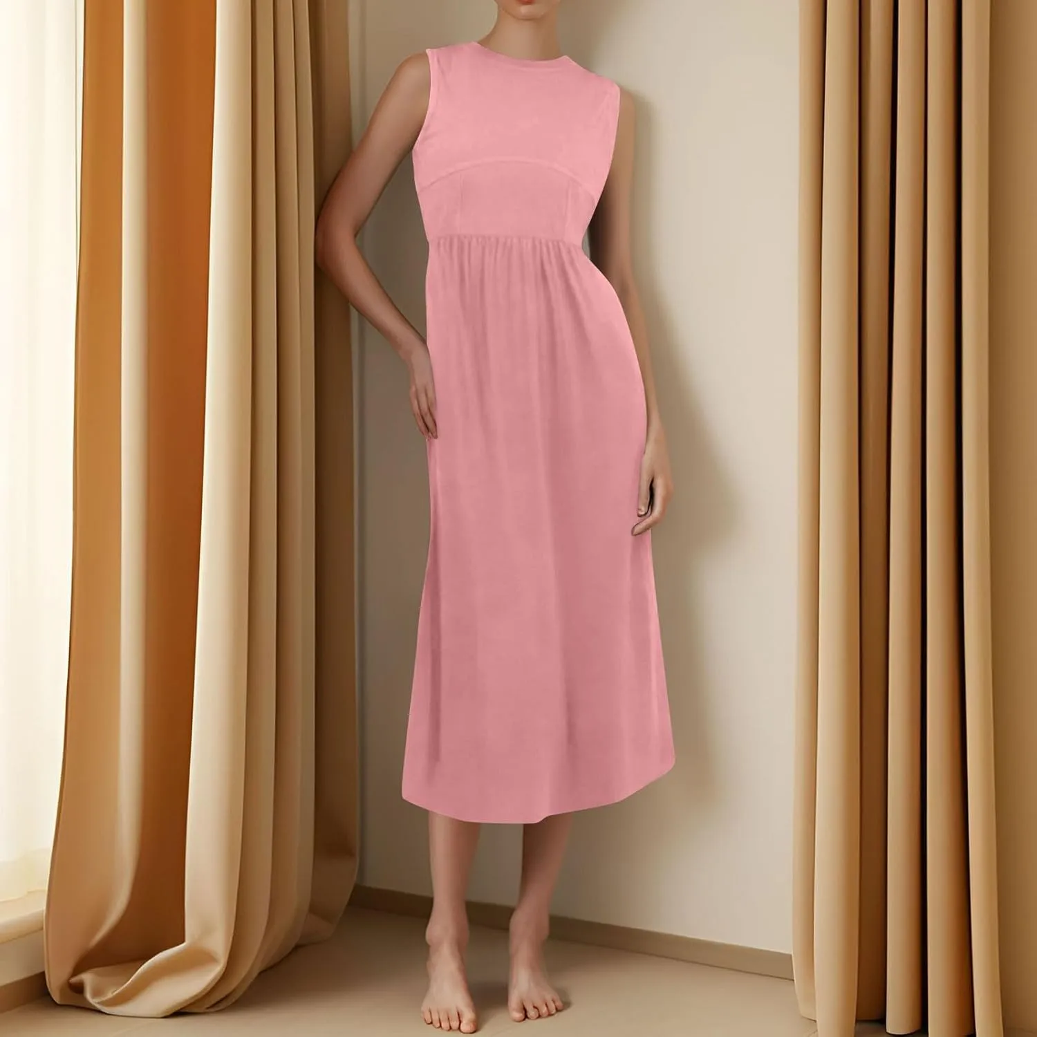 Women's Summer Dresses Sundresses Empire Waist Dresses Tank Dress Sleeveless Wrap Dress Ruched with Pockets