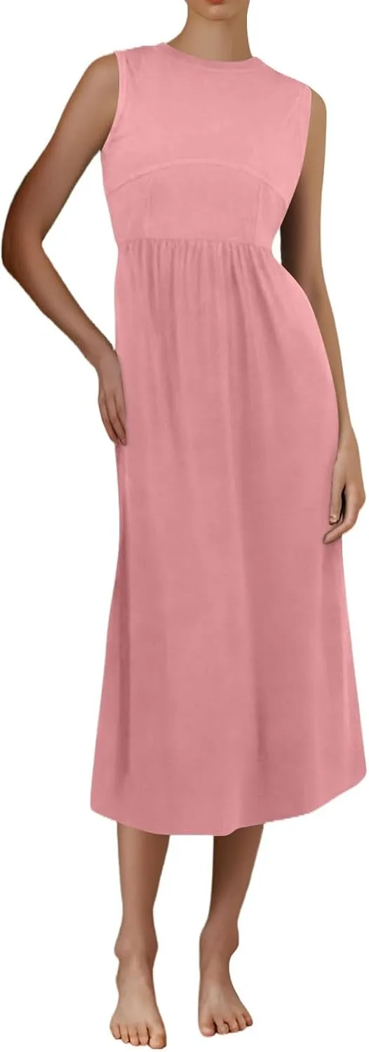 Women's Summer Dresses Sundresses Empire Waist Dresses Tank Dress Sleeveless Wrap Dress Ruched with Pockets