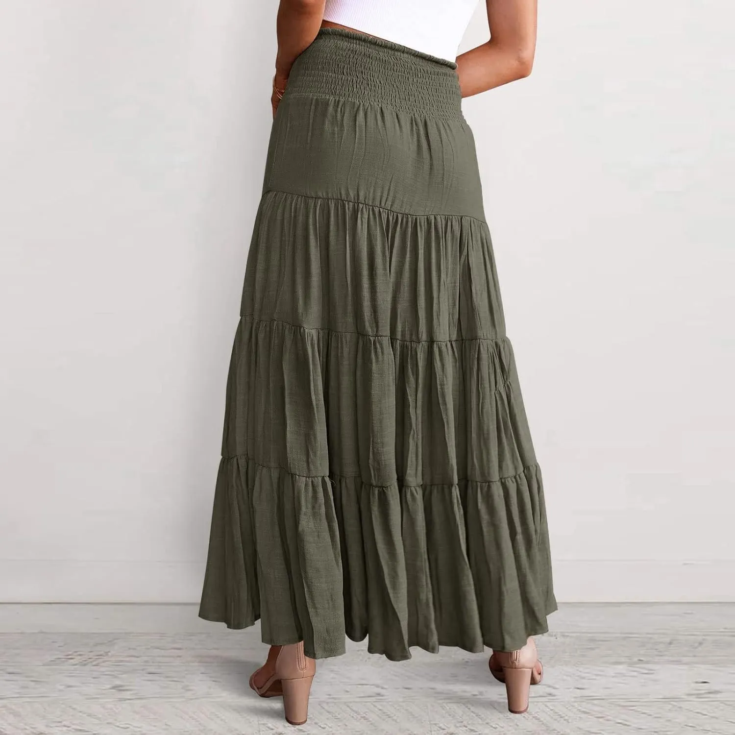 Women's Summer Elastic High Waist Maxi Skirt Casual Boho Floral Pleated Long Skirt Flowy A Line Skirts