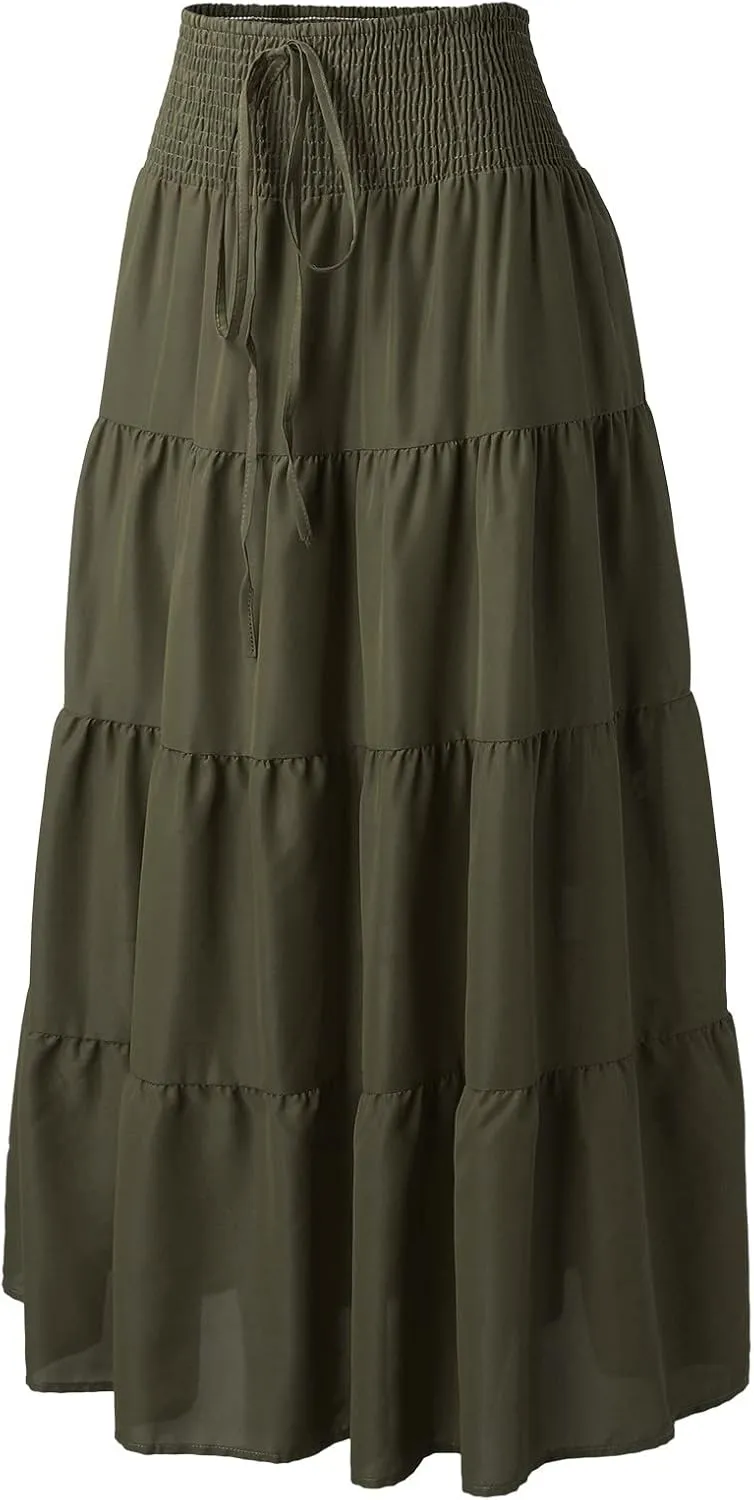 Women's Summer Elastic High Waist Maxi Skirt Casual Boho Floral Pleated Long Skirt Flowy A Line Skirts