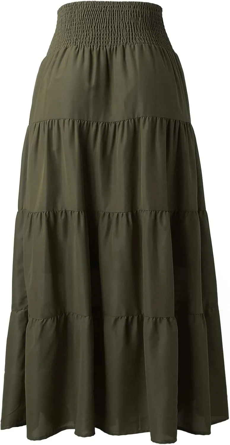 Women's Summer Elastic High Waist Maxi Skirt Casual Boho Floral Pleated Long Skirt Flowy A Line Skirts