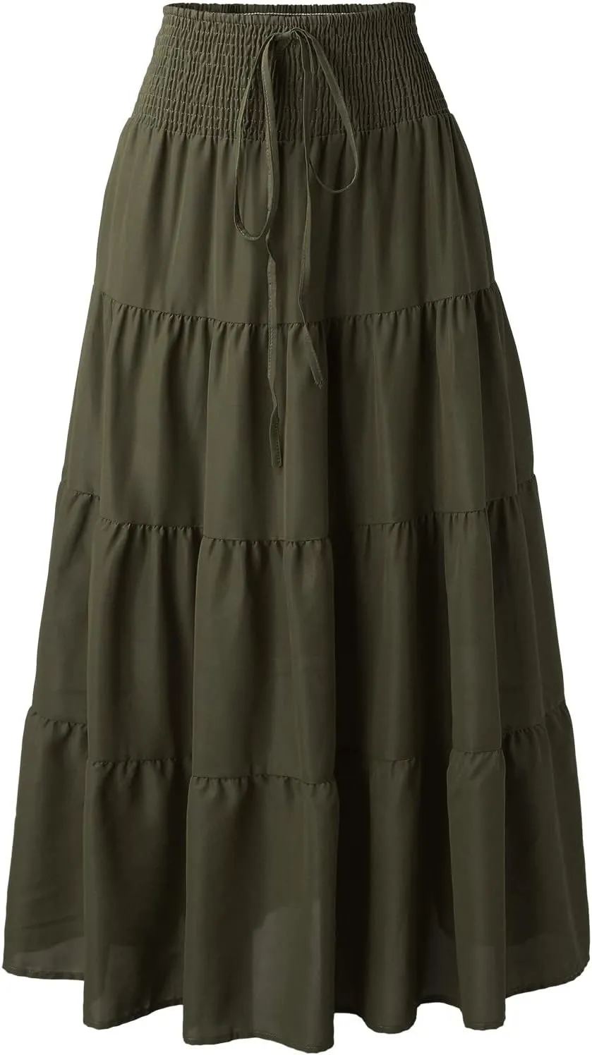 Women's Summer Elastic High Waist Maxi Skirt Casual Boho Floral Pleated Long Skirt Flowy A Line Skirts