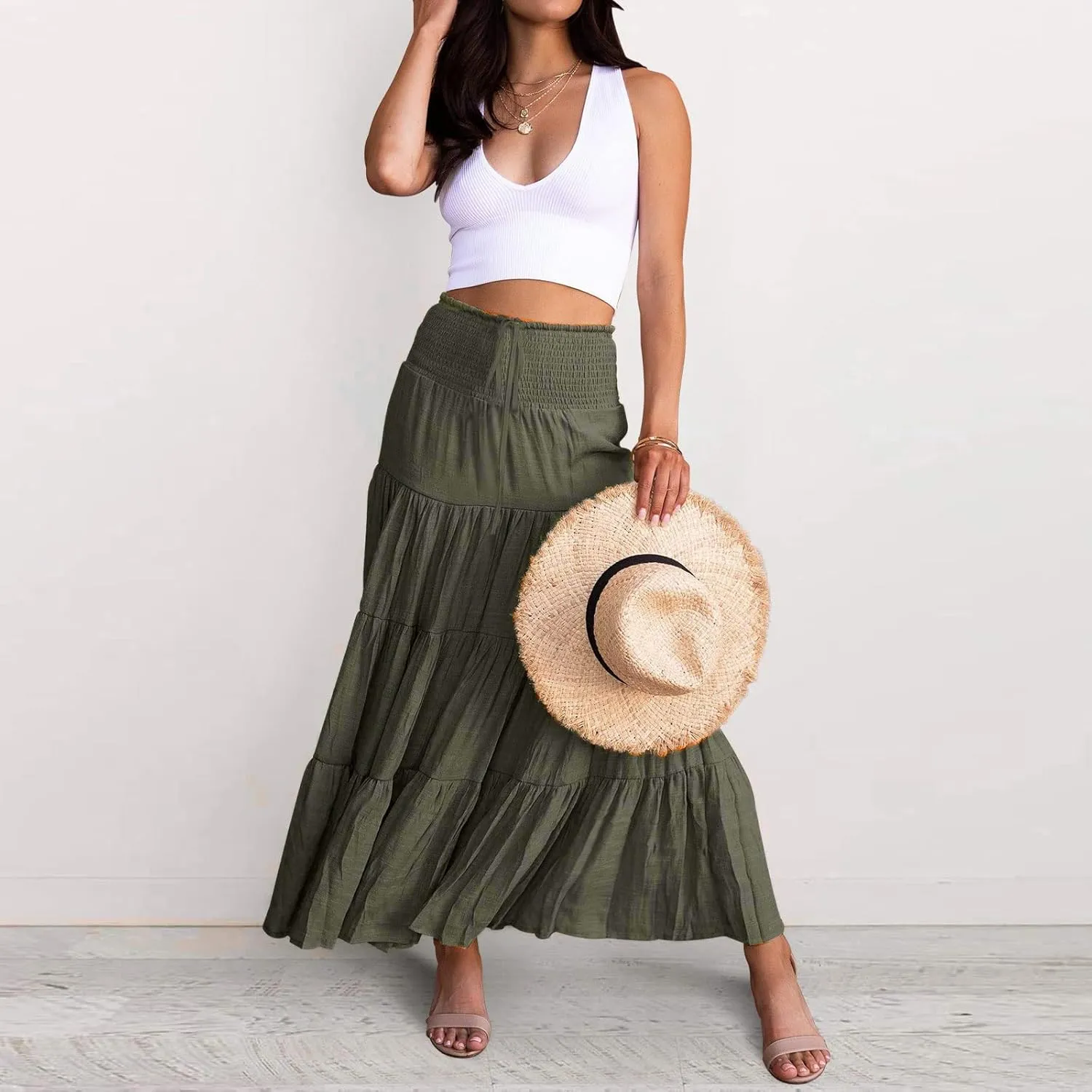 Women's Summer Elastic High Waist Maxi Skirt Casual Boho Floral Pleated Long Skirt Flowy A Line Skirts