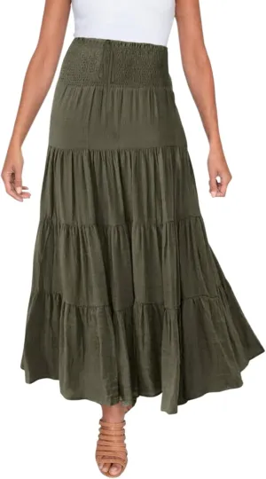 Women's Summer Elastic High Waist Maxi Skirt Casual Boho Floral Pleated Long Skirt Flowy A Line Skirts