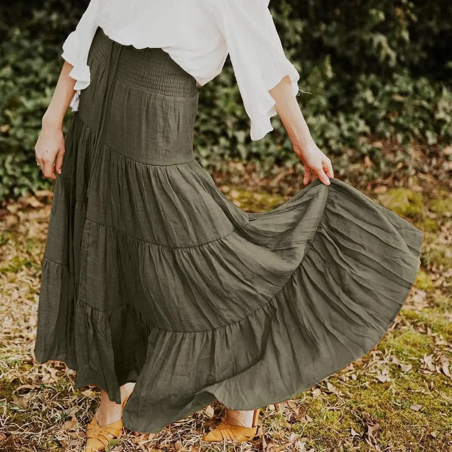 Women's Summer Elastic High Waist Maxi Skirt Casual Boho Floral Pleated Long Skirt Flowy A Line Skirts