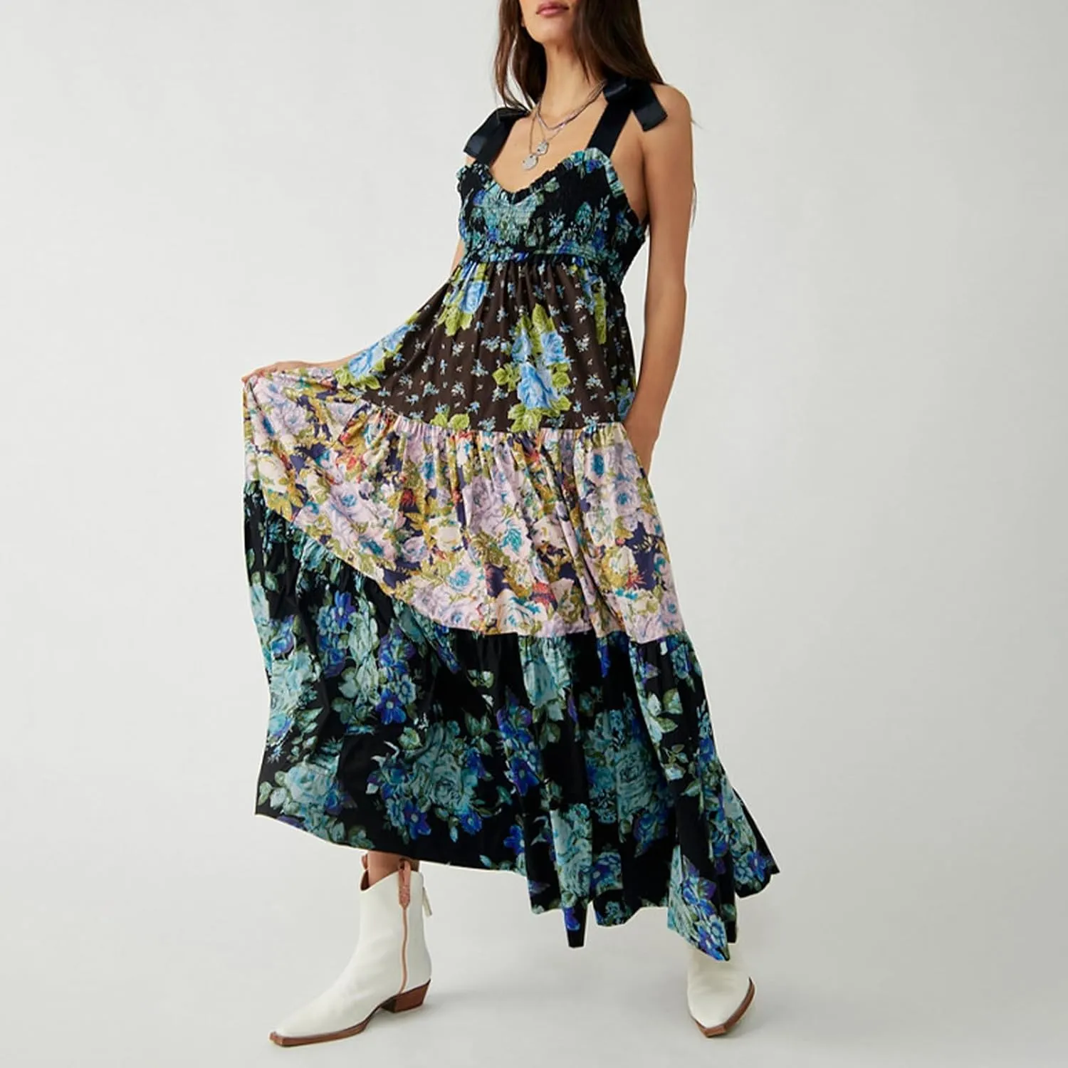 Womens Summer Flowy Smocked Beach Dresses Y2K Floral Contrast Color Boho Shoulder Tie Shirred Maxi Dress Sundresses