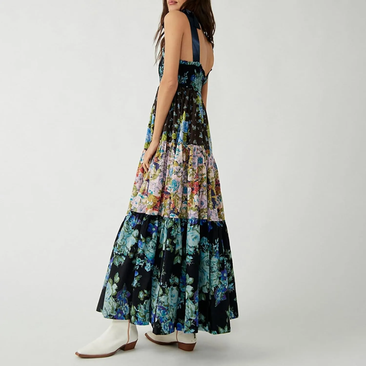 Womens Summer Flowy Smocked Beach Dresses Y2K Floral Contrast Color Boho Shoulder Tie Shirred Maxi Dress Sundresses