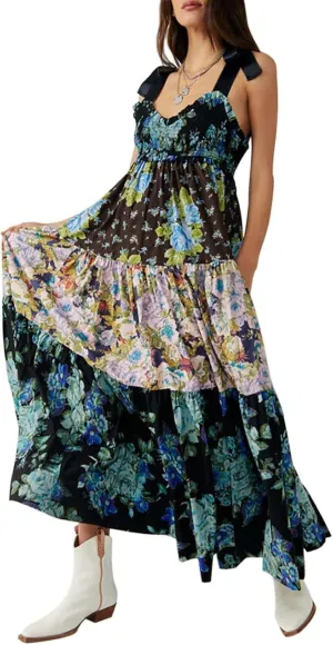 Womens Summer Flowy Smocked Beach Dresses Y2K Floral Contrast Color Boho Shoulder Tie Shirred Maxi Dress Sundresses