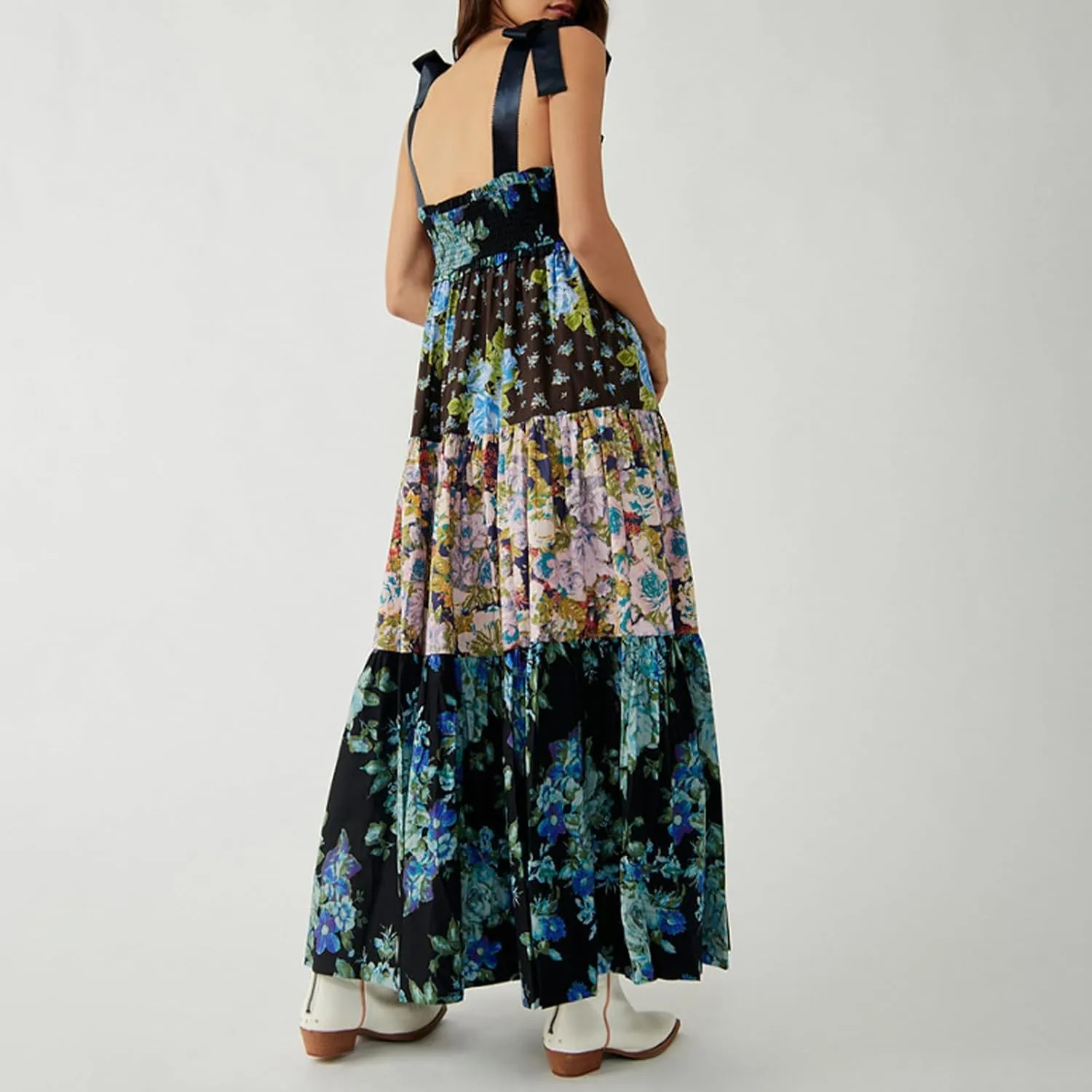 Womens Summer Flowy Smocked Beach Dresses Y2K Floral Contrast Color Boho Shoulder Tie Shirred Maxi Dress Sundresses