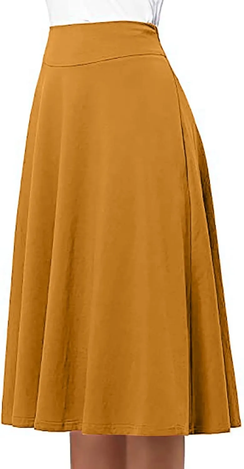 Womens Summer High Waist Midi Skirt Elegant Solid Color A Line Skirt Loose Office Business Flared Skirt