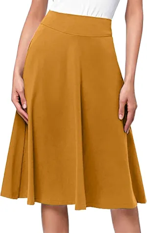 Womens Summer High Waist Midi Skirt Elegant Solid Color A Line Skirt Loose Office Business Flared Skirt