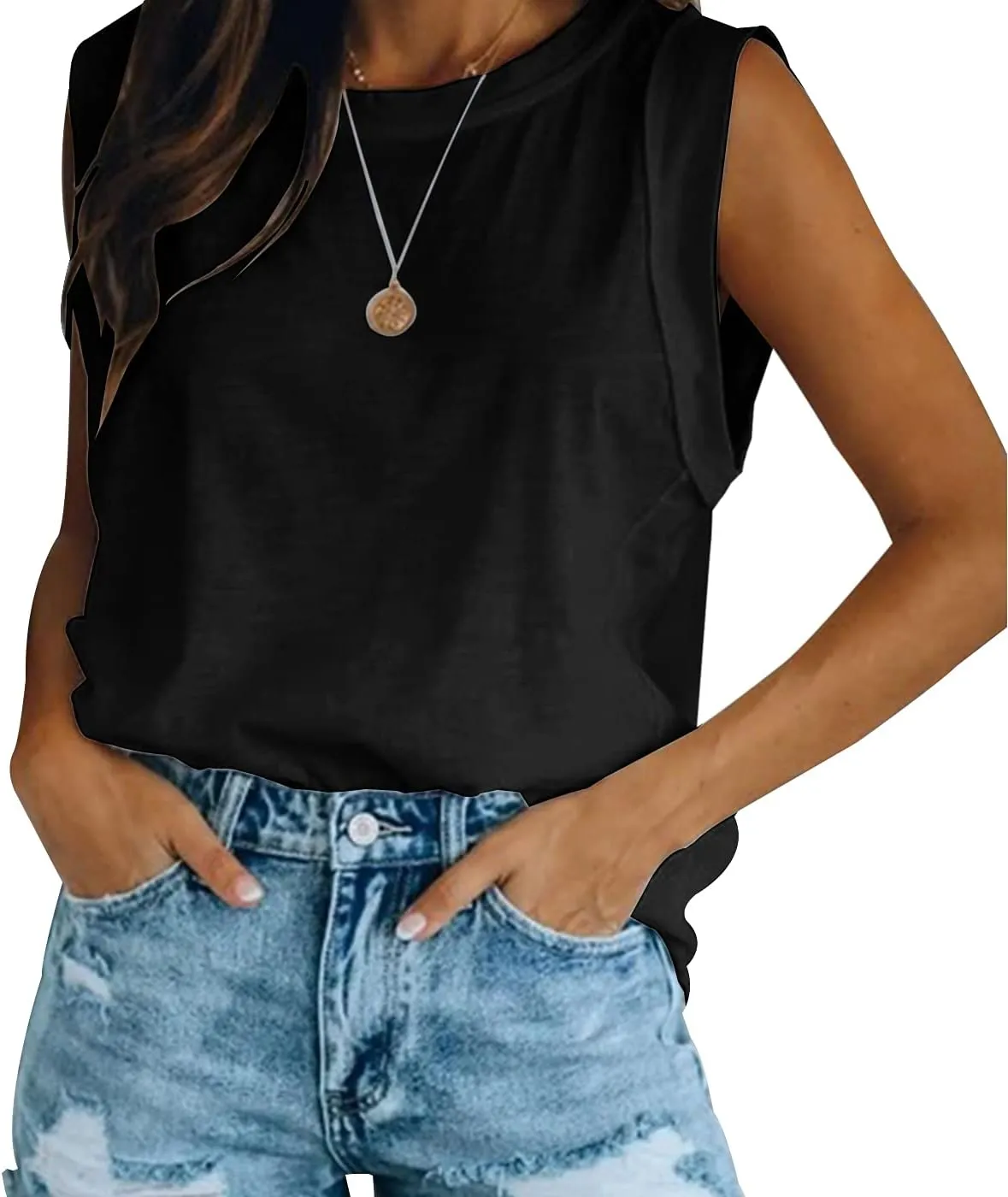 Women's Summer Sleeveless Tank Top Loose Fit Casual Crew Neck T Shirts Basic Tee Tops