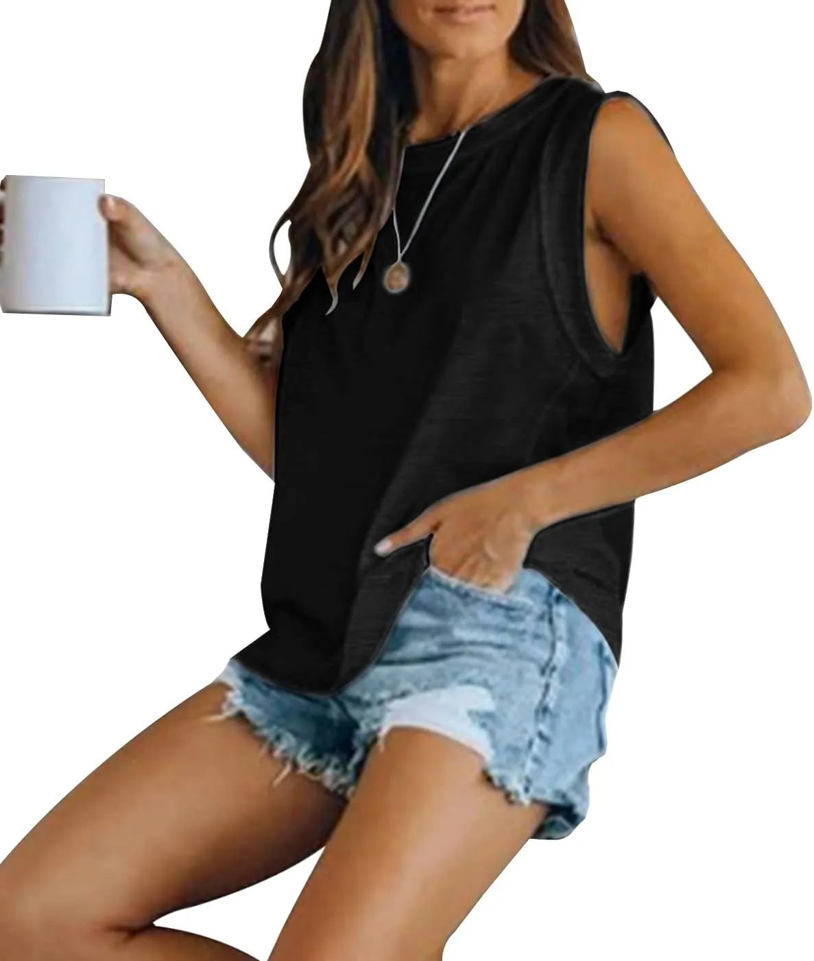Women's Summer Sleeveless Tank Top Loose Fit Casual Crew Neck T Shirts Basic Tee Tops